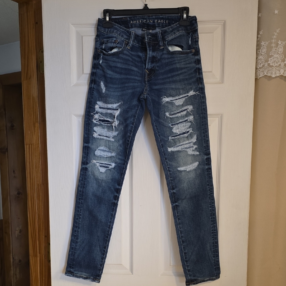 American Eagle Outfitters Men's Dark Blue Ripped Skinny Jeans
